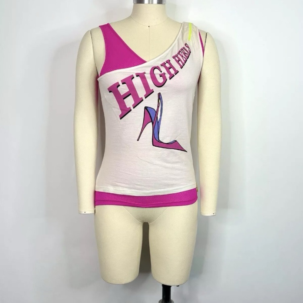 D&G Cream and Pink Asymmetrical Graphic Tank Top (S/M)